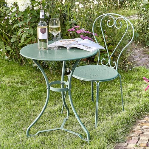 BUTLERS Gartenmöbel Set 3-teilig Century Bistroset für 2 Personen Ø 60 cm Metall Tisch mit Stühlen im französischen Stil | Balkonmöbel Gartenmöbel Set stapelbar Outdoor wetterfest