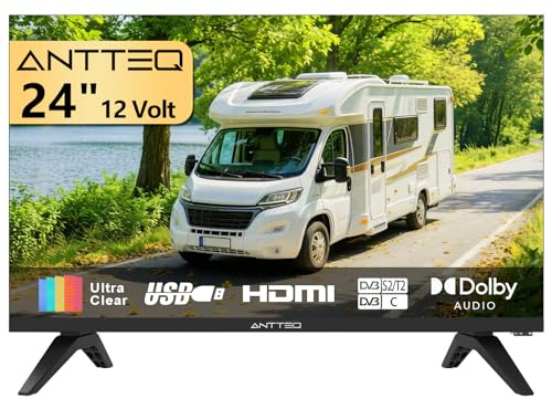 Antteq 24 inch 12 Volt HD TV, Bezel-less Design Frameless TV Freeview DVB-T2/C/S2 Dolby Audio, HDMI VGA PC SCART USB, Travel Small Screen TV for Motorhome and Campervan Caravans