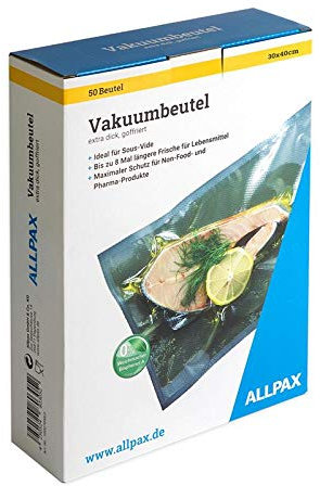 Einschweißbeutel im Karton, 30 x 40 cm, 50 Stück, extra dick, mit Prägung - Goffriert, PA/PE, Stärke: 150 µm - passend für alle Vakuumierer - praktische Aufbewahrung im Karton