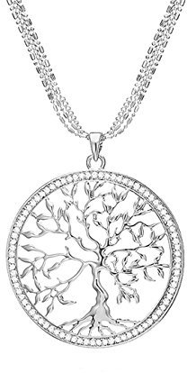 Mianova Damen Lange Halskette Kette Lebensbaum Anhänger mit Swarovski Elements Strass Kristall Steinen Lang Silber