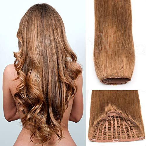GlamXtensions Echthaarperücke Elegante Halbperücke Half Wig trendige Perücke - Clip in Extensions Remy Echthaar in diversen Farben 50cm (12 Hellbraun)