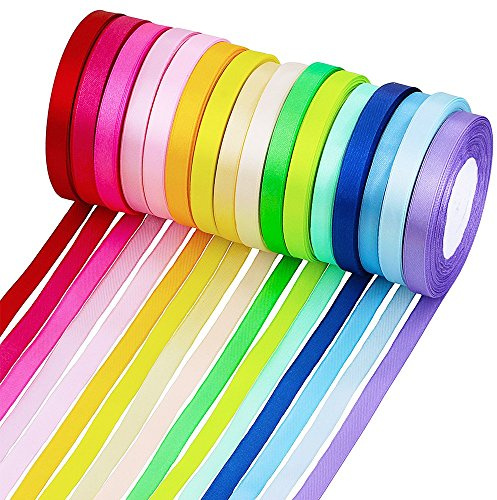 Supla 16 Colors Silk Satin Fabric Ribbon - 2/5 Wide, 25 Yard/roll, 16 Rolls - Satin Ribbon for Bows, Crafts, Gifts, Wedding