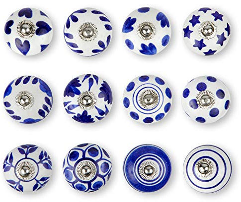 Set of 12 Handmade Ceramic Knobs | 3 Colour Design Ceramic Cabinet Knobs | Drawer Pulls for Home, Kitchen, Bathroom or Office | Drawer Knobs Comes with Wrench, Screw Cap & Extra Screws, Bolts (Blue)