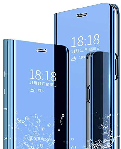 MLOTECH Smart Cover per Huawei P20 PRO Custodia + Vetro temperato Flip Traslucido Clear View Specchio Standing Cover Anti Shock Placcatura Cover Cielo Blu