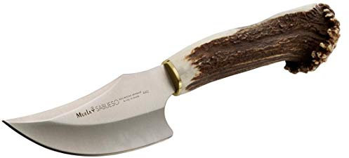 Muela Cuchillo SABUESO-11S hoja de acero MoVa de 11 cm y empuñadura de roseta de ciervo para Caza, Pesca, Supervivencia y Bushcraft Realizado en Ciudad Real + Portabotellas de regalo