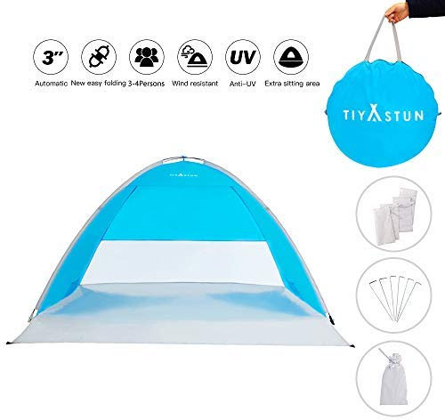 TIYASTUN Strandmuschel Lüftungsfester pop up Strandzelt Windschutz Sonnenschutz Familie Automatik für Strand Garten Freibad See Balkon Angeln Terrasse, Großes Zelt XXL für 1-4 Personen