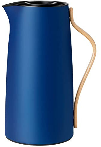 Stelton Kaffee-Isolierkanne Emma - Edelstahl-Thermoeinsatz, doppelwandig isoliert - Thermoskanne/Kaffeekanne/Teekanne mit Buchenholzgriff, Easy-Click-Deckel - 1,2 Liter, glänzendes Finish, Dunkelblau