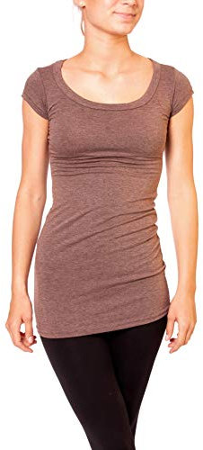 Easy Young Fashion - Damen Basic T-Shirt - langes Kurzarm Longshirt - Rundhals Longsleeve - Unterziehhemd Skinny Fit 1002 - Braun meliert M