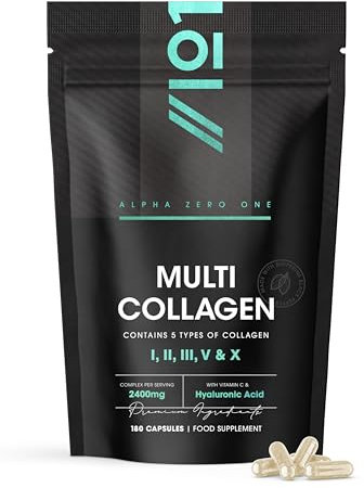 Multi Collagen 2400mg – Types I, II, III, V & X – 180 Capsules – Wild Caught Marine, Grass Fed Bovine, Eggshell & Free-Range Chicken Collagen Powder, with Hyaluronic Acid & Vitamin C – by Alpha01