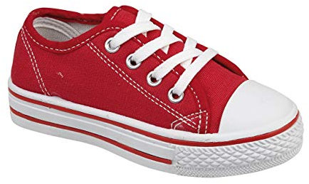 Style Spot (Red, 2 UK Girls Boys Kids Low Top Iconic Classics Canvas Sneakers White Toe Cap Lace Up Slip on Fashion Trainers Go Shoes Casual Pumps