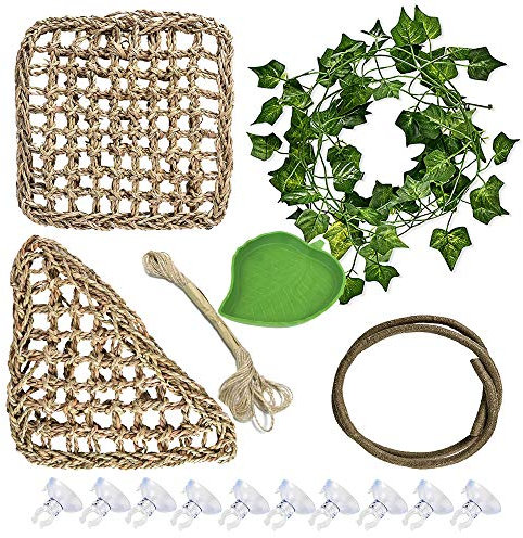 Allazone 15 Stück Terraristik Eidechse Lebensraum Dekor Zubehör, Reptilien Hängematte und Terrarium Kletterpflanzen mit Wasserschale für Chamäleon, Eidechsen, Gecko, Schlangen, Leguan (2)