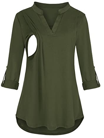 Chaconka Femmes Enceintes Chemise de Maternité Allaitement à Manches Longues Col Rond Haut Chemisier Carreaux Solide Pull Tunique T-Shirt Grossesse Grande Taille Atuomne Hiver, Vert, M
