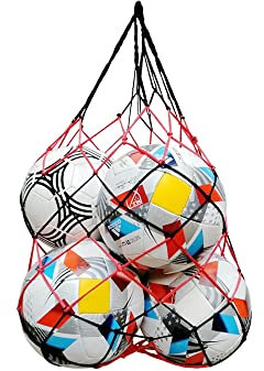 Owasi Basketball Net Bag Soccer Football Storage Sports Ball Holder Nylon Carry String Bag Durable 1 4 6 10 Balls (Black/Red, Upto 6 Balls)