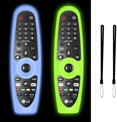 WUZUN 2PCS Funda Protectora para LG AN-MR600 /MR650 /MR18BA /MR19BA /MR20GA Magic Remote Control, Funda de Silicona Antideslizante a Prueba de Golpes que Brilla en la Oscuridad con Cordón (Azul+Verde)