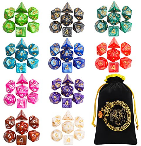 YILAIDA Polyedrische Würfel, 70PCS Vieleck Spiel Würfel, 10 Farben Doppel Farben DND Rollenspiele Würfel für DND RPG MTG Tischspiele D4 D8 D10(00-90 und 0-9) D12 D20