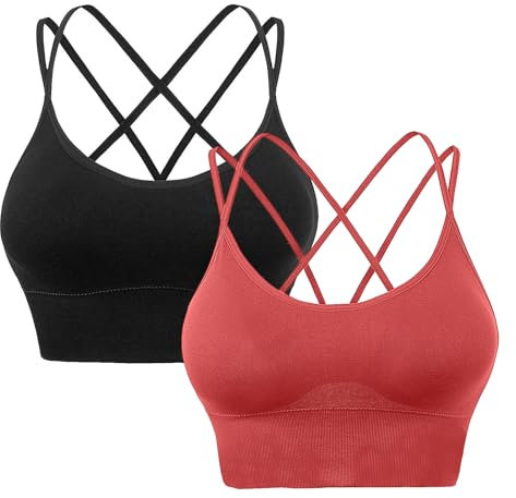 HANERDUN Damen Sport BH Yoga Bra mit Gepolstert Nahtlose Ohne Bügel und gibt Guten Halt Atmungsaktiv Riemchendesign und mittelstarkem für Fitness Lauf Joggen