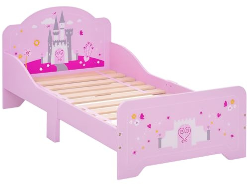 HOMCOM Cama Infantil para +3 Años 143x73x60 cm Cama para Niños de Madera con Barreras de Protección Carga Máx. 50 kg Rosa