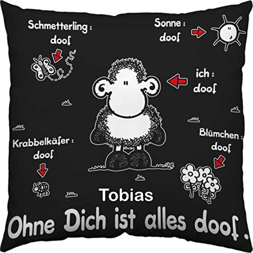 Kissen mit Spruch 'Ohne Dich ist Alles doof' mit Name Bedruckt | Dekokissen 40x40 cm Schaf für Kinder Mädchen und Jungen