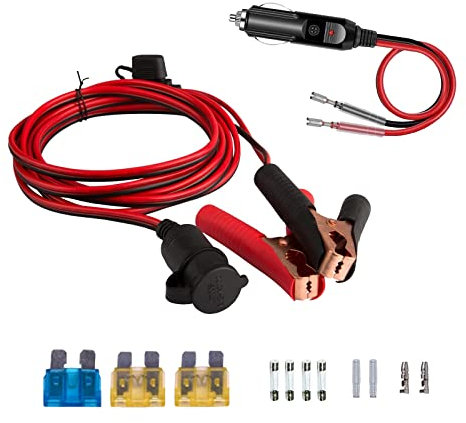 MAGIIN 12V/24V KFZ Batterieklemme Clip-on 3m Zigarettenanzünder Kabel Steckdose Adapter Buchse mit Sicherungsschutz für Tragbar KFZ Batterie Wechselrichter Kompressor (8-teiliges Set)