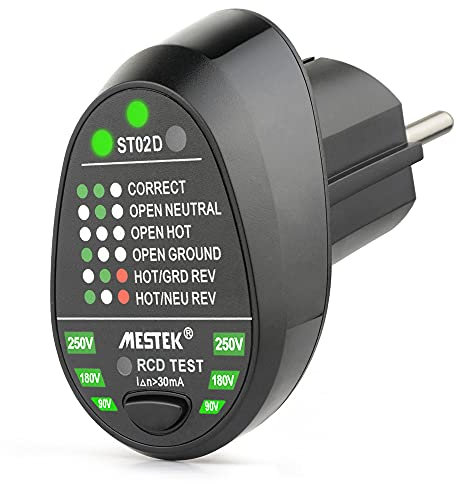 Jadeshay Comprobador de Enchufe,Probador Eléctrico de RCD Enchufe con Indicador para Polaridad de Circuito de Prueba de Cable de Tierra Vivo Neutro,7 Tipos de Diagnóstico de Averías (EU Plug)