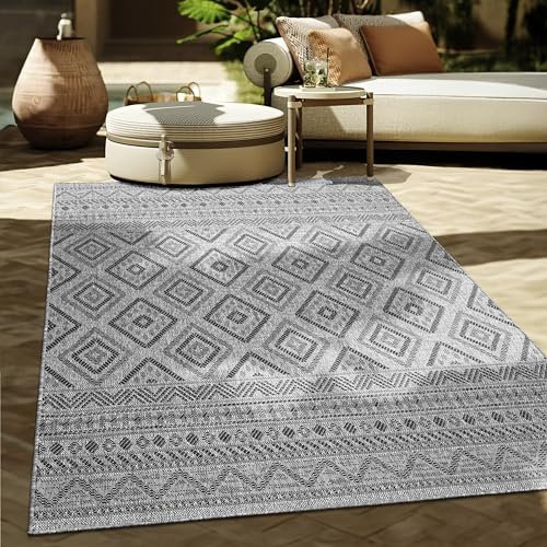 Paco Home Outdoor Teppich Flachgewebe Modern Boho-Style wetterfest & UV-beständig Ideal für Terrasse Balkon Wohnzimmer & Küche, Grösse:80x250 cm, Farbe:Anthrazit