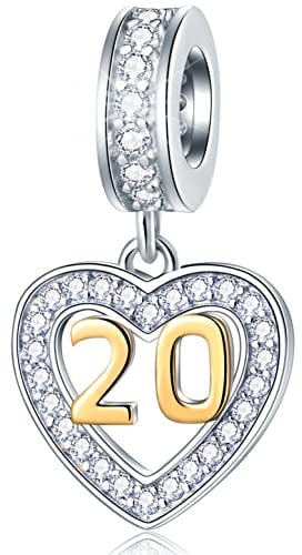 20th Anniversary Charms fit Pandora Frauen Armband, 18K goldene Zahl 20 Dangle, 925 Sterling Silber 20 Jahre Geburtstag Herz Halskette/Anhänger Perlen mit Geburtssteinen, Geschenke für Frau/Braut