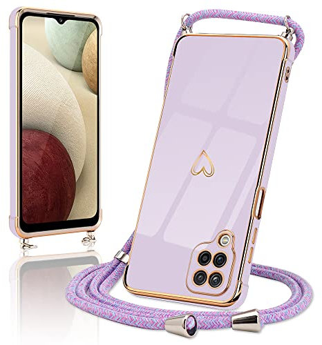 Micoden Handykette kompatibel mit Samsung Galaxy A12,Samsung Galaxy M12 Ultra dünn Kameraschutz Herz Love Design Galvanik TPU Silikon Bumper Kordel zum Umhängen Handyhülle mit Band Schutzhülle,Lila