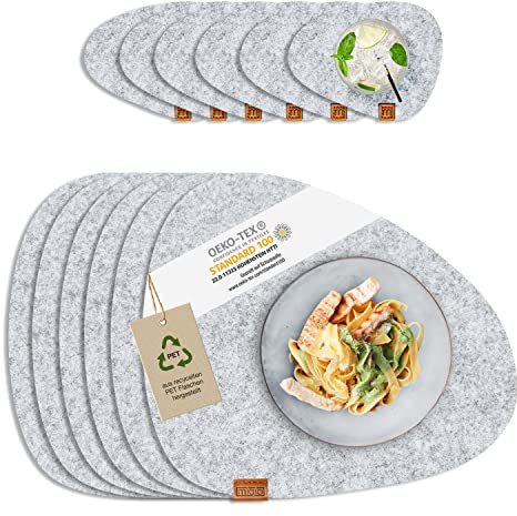MIQIO® Filz Tischset Stone - 12er Set Nachhaltige Premium Platzsets | Schadstoffgeprüft Ökotex | Aus 100% Recycelten PET Flaschen | 40x32 cm abwaschbar Filzuntersetzer + Glas Untersetzer rund
