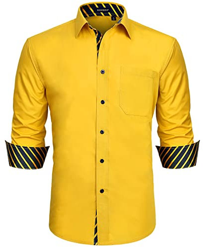 HISDERN Herren Button-Down-Hemd Formelle Langarm-Knopfleiste Braune einzigartige Streifenarbeit Mode Eleganter Blumenkragen Regular Fit Gelbe Hemden XL