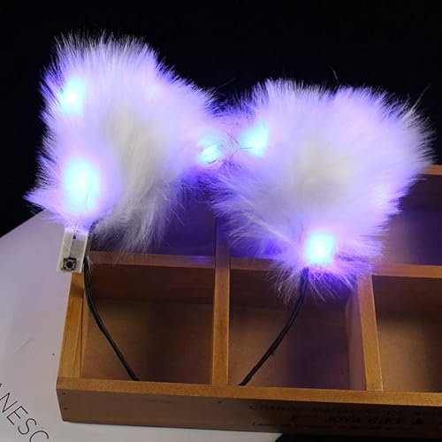 LEEMASING Leuchtende Stirnbänder, LED-Katzenohren, Stirnband, Kunstfell, Haarreif, niedliches farbiges Licht für Weihnachten, Party, Cosplay, Halloween, Geburtstag, Blau
