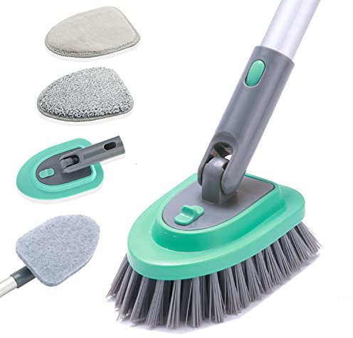 Cepillo de Limpieza 3 en 1 con Mango Largo de 58 Pulgadas, Cepillo de Limpieza de cerdas rígidas Desmontables, 3 estropajos, 2 Cabezales de Cepillo para baño, Cocina, Pared, Tina, Lavabo (Verde)