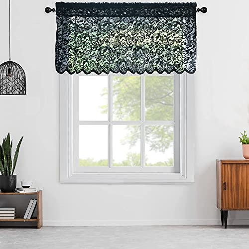 Aligogo, schwarze florale Spitzenvolants für Fenster, transparent, im viktorianischen Halloween-Stil, geschwungener Abschluss für Bad, Tür oder Kellerfenster, Boho/Goth/Dark, 1 Stück, 132 x 46 cm