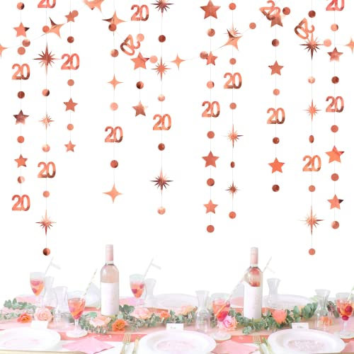 Rose Gold 20th Birthday Decorations Nummer 20 Kreis Dot Twinkle Star Girlande Metallic Hanging Streamer Hintergrund für Mädchen 20 Jahre alt Geburtstag zwanzig Offizielle Teenager Party Supplies