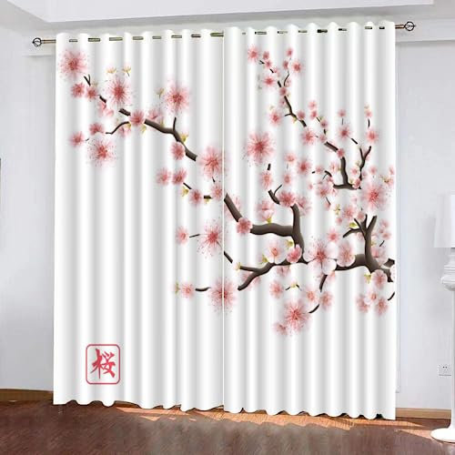 GIOVIA 3D Kirschblüten Vorhang Abdunkelnde Japanischer Stil Polyester Vorhänge mit ösen 2er Set Gardinen Blickdicht Verdunkelungs Geräuschreduzierung für Schlafzimmer Wohnzimmer B 234 X H 137 cm