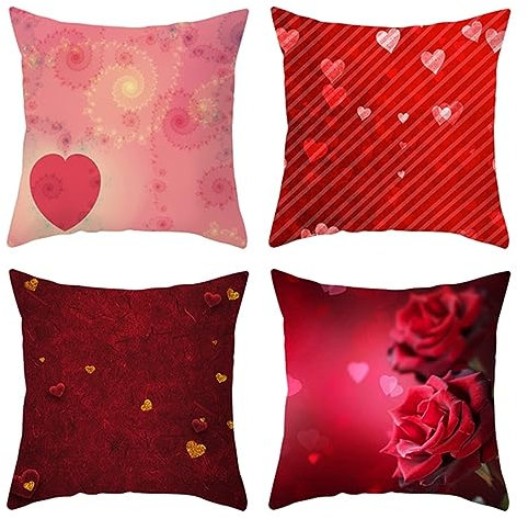 4er Kopfkissenbezug 50x50cm, Kopfkissenbezug Rot Rosa Rosen-Blumen-Herz Polyester Kissenbezüge Deko Wohnzimmer Schlafzimmer