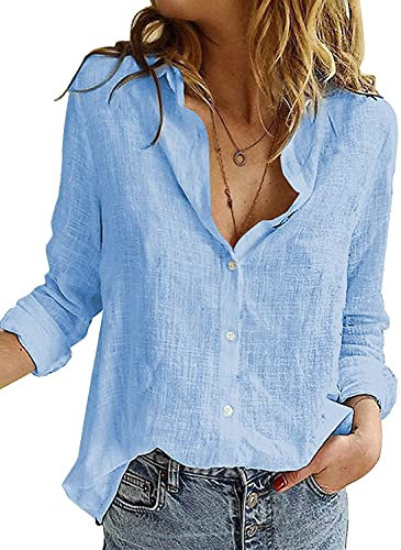 Livonmone Women's Blouses Shirts Casual Long Sleeve V Neck Button Down Basic Loose Tunic Tops Solid Sky Blue S