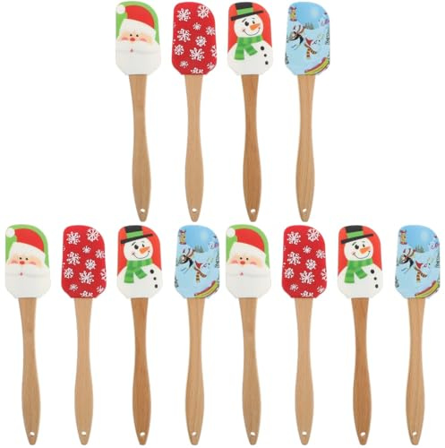 BESTonZON Creme 12-Teiliges Silikon-Sahnespatel Küchenutensilien-Set Silikonlöffel Holzeier Hitze-Backspatel Weihnachtsspatel Marmeladenschaber Spatel Zum Backen Butterspatel