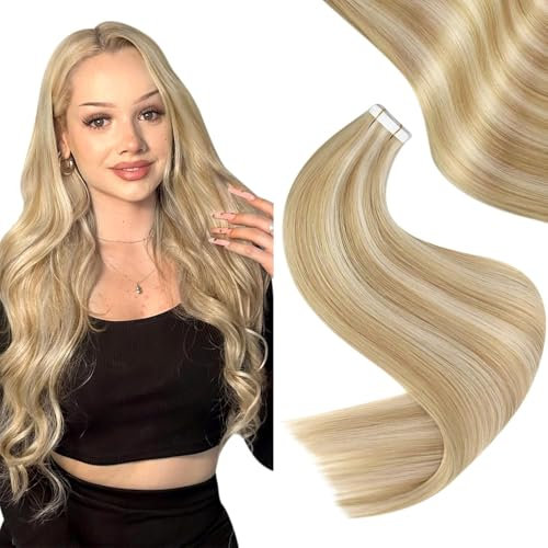Easyouth Echthaar Tape Extensions Blond Extensions Echthaar Tape Remy Menschenhaar Honigblond Highlighted Mittelblond Echthaar Extensions Tapes für Natürlichen Look 40 cm 40g #P27/613 20pcs