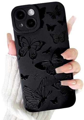 NITITOP Compatible for iPhone 15 Case Cute Cool Butterfly Black Design for Girls Women Soft TPU Shockproof Protective Girly for iPhone 15-Butterfly