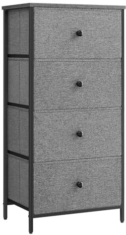 SONGMICS Chest of Drawers Bedroom, Drawer Storage Unit, Dresser with 4 Fabric Drawers, Metal Frame, Tall and Slim, for Closet, Classic Grey and Classic Black LTS314G22
