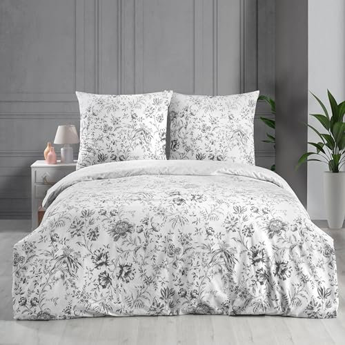 ZIRVEHOME Bettwäsche 200x200 weiß, 2 teilig kuschelig weich Baumwolle Bettbezug grau, schwarz geblümt, Napa