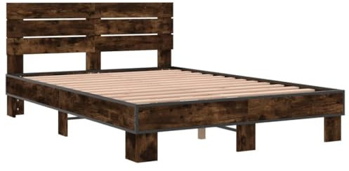 vidaXL Bettgestell, Bett Doppelbett mit Kopfteil, Bettrahmen mit Lattenrost, Schlafzimmerbett, Räuchereiche 140x200cm Holzwerkstoff Metall