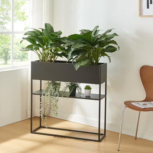 [en.casa] Porte-Plantes Surélevé avec Bac à Fleurs et Étagère Support de Plantes Jardinière Intérieur Extérieur Design Intemporel Stable Épuré pour Salon Terasse Balcon Acier 80 x 80 x 25 cm Noir
