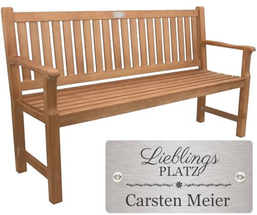Sterngraf Bank zum Ruhestand mit Gravur-Schild zB. Lieblingsplatz (Namen), Gartenbank 150cm Holz Armlehnen-Bank, Edelstahlschild personalisiert Geschenk-Idee für Rentner