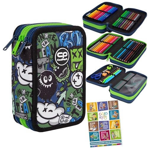 Goldkids - Federmäppchen 3 Fächer - Mäppchen für Mädchen und Jungen - Federmappe 3-Fach Federtasche Gefüllte Schüleretui 46-teilig - Schulmäppchen und Hausaufgabenheft - Monster Team Motiv