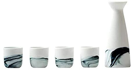 QXSJEDYCH 5-teiliges Japanisches Sake-Set, Sake-Servierset, weiße Landschaftsmalerei for kalten/warmen/heißen Sake/Shochu/Tee, for Tassen for Familie und Freunde Becher