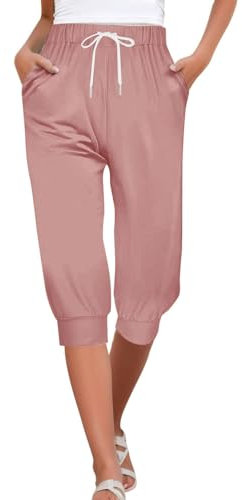 Sommerhose Damen Leicht 3/4 - Haremshose Gummibund Jogginghose Sommerhose Hoher Taille Caprihose Solid Color Elegant Cropped Freizeithose Leicht Weiche Lockere Bequem mit Taschen Tunnelzug