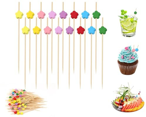 THKO 100 Pcs Pique Aperitif, Brochettes Cocktai Bâtons de Cocktail Bois Cure-Dents Pic Brochette, Bois Pique Brochette Decoration Cocktail pour Cocktail Boissons Fruit - 12cm Couleur Mixte Prune