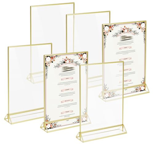 QWORK® 6 Stück Goldene Bilderrahmen, A5 Acryl-Schilderhalter Doppelseitig, Tischnummernhalter, für Hochzeit, Restaurant
