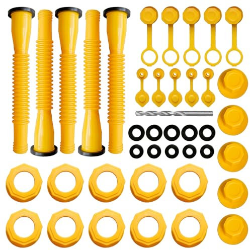 SNOMEL 5 Kit Gas Can Spout Replacement No Spill, Universal Gas Can Nozzle Replacement, Gas Can Cap Fine Thread, Gas Can Spout Replacement Old Style for 1/2/5/10 Gallon (Yellow)
